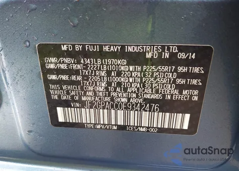 2014 Subaru Xv Crosstrek 2.0I Premium из США, поврежденный, VIN JF2GPACC0E9342476